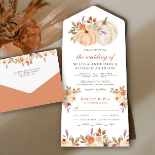 Rustic Earthy Dusty Peach Floral Pumpkin Wedding All In One Uitnodiging
