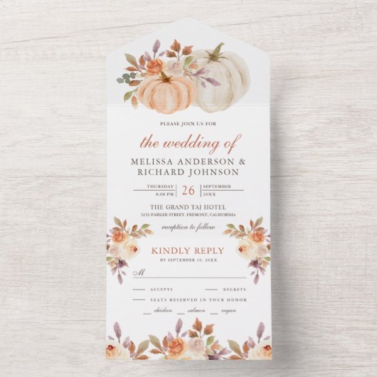 Rustic Earthy Dusty Peach Floral Pumpkin Wedding All In One Uitnodiging (Binnen)