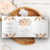 Rustic Earthy Dusty Peach Floral Pumpkin Wedding Drieluik Uitnodiging