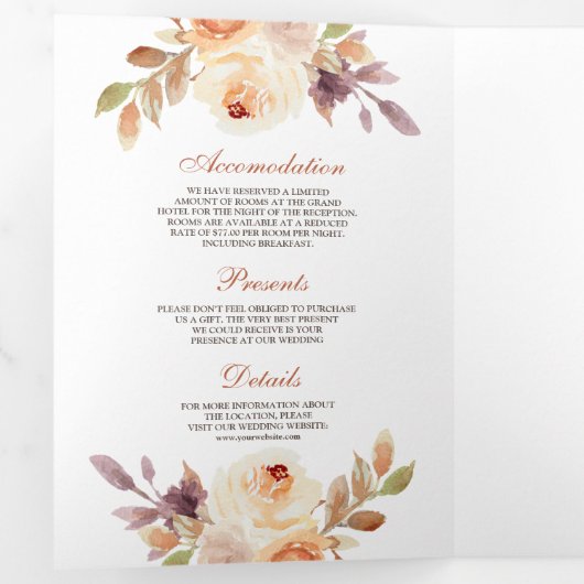 Rustic Earthy Dusty Peach Floral Pumpkin Wedding Drieluik Uitnodiging (Binnenzijde eerst)