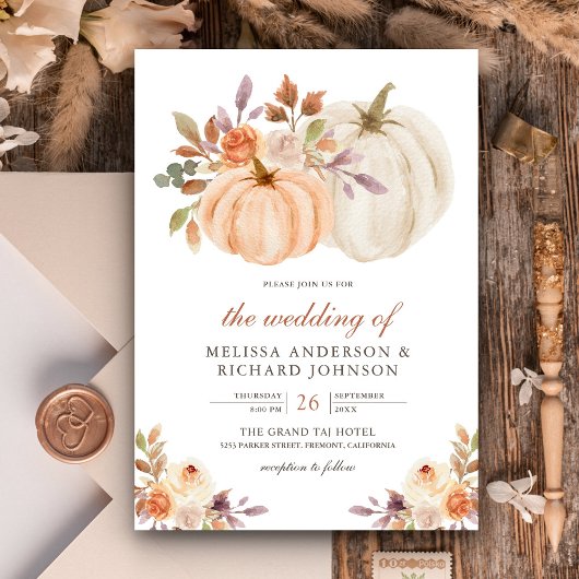 Rustic Earthy Dusty Peach Floral Pumpkin Wedding Kaart