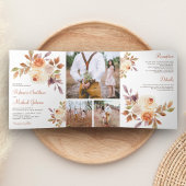 Rustic Earthy Dusty Peach Floral Wedding Drieluik Uitnodiging