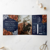 Rustic Earthy Dusty Terracotta Roos Navy Wedding Drieluik Uitnodiging (Binnen)