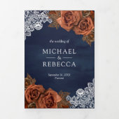 Rustic Earthy Dusty Terracotta Roos Navy Wedding Drieluik Uitnodiging (Cover)