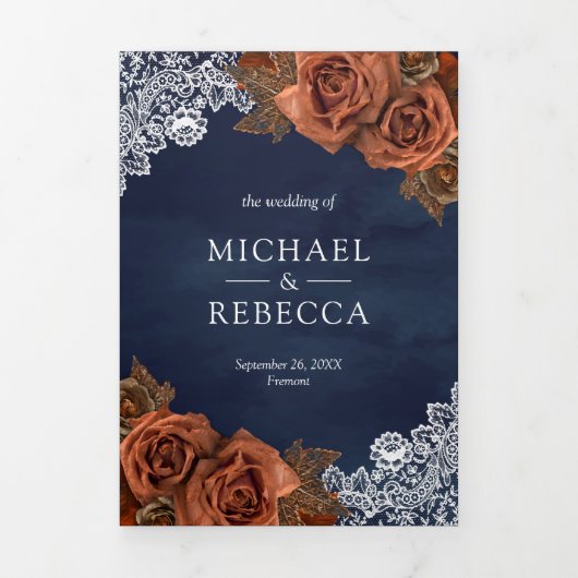 Rustic Earthy Dusty Terracotta Roos Navy Wedding Drieluik Uitnodiging (Cover)