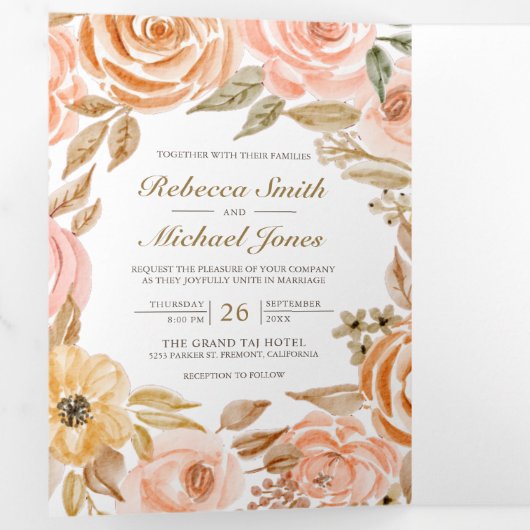 Rustic Earthy Floral Autumn QR Code Weddenschap Drieluik Uitnodiging (Binnenzijde eerst)