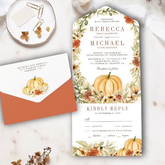 Rustic Earthy Floral Botanical Pumpkin Wedding All In One Uitnodiging