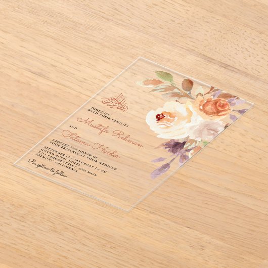 Rustic Earthy Floral Bouquet Islamic Wedding Acryl Uitnodigingen (Laagn)