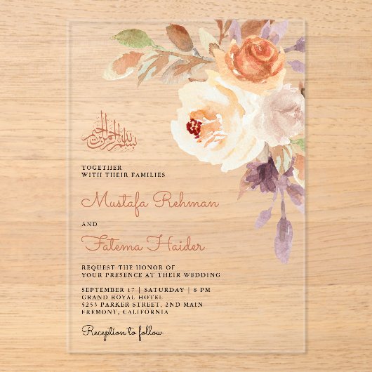 Rustic Earthy Floral Bouquet Islamic Wedding Acryl Uitnodigingen (Voorkant)