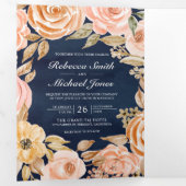 Rustic Earthy Floral Navy Blue QR Code Weddenschap Drieluik Uitnodiging (Binnenzijde eerst)