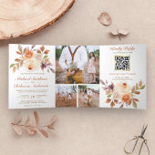 Rustic Earthy Ivory Floral Photo QR Code Weddensch Drieluik Uitnodiging