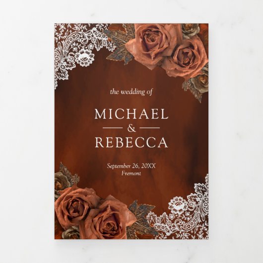 Rustic Earthy Oranje Dusty Terracotta Roos Wedding Drieluik Uitnodiging (Cover)