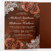 Rustic Earthy Oranje Dusty Terracotta Roos Wedding Drieluik Uitnodiging (Binnenzijde eerst)