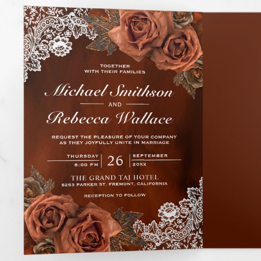 Rustic Earthy Oranje Dusty Terracotta Roos Wedding Drieluik Uitnodiging (Binnenzijde eerst)