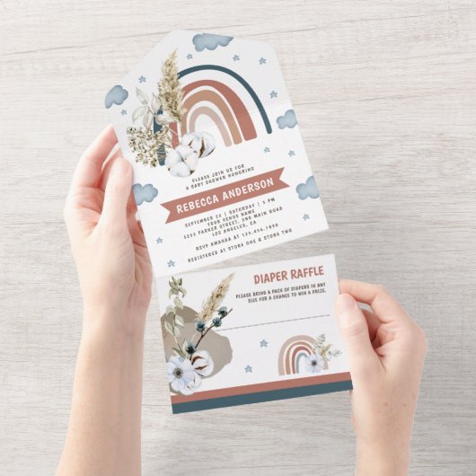 Rustic Earthy Pampas Boho Rainbow Baby shower All In One Uitnodiging (Afscheurbaar)