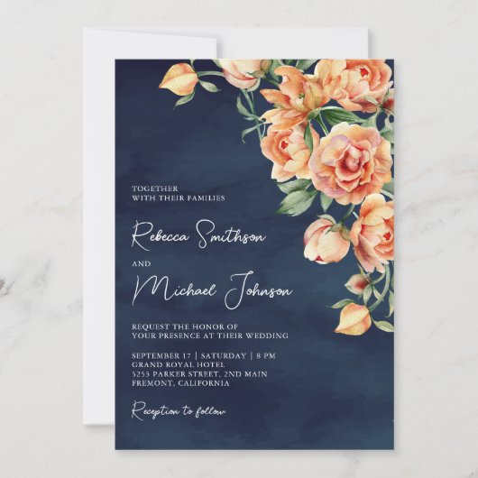 Rustic Earthy Peach Floral Navy QR Code Weddenscha Kaart (Voorkant)