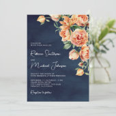 Rustic Earthy Peach Floral Navy QR Code Weddenscha Kaart (Staand voorkant)