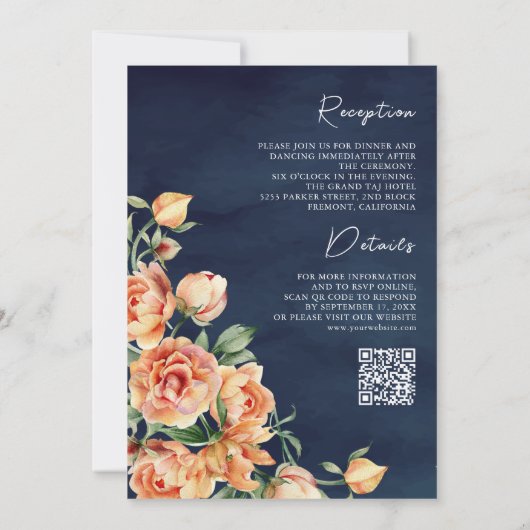 Rustic Earthy Peach Floral Navy QR Code Weddenscha Kaart (Achterkant)