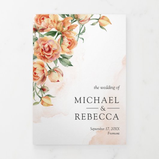 Rustic Earthy Peach Floral QR Code Wedding Drieluik Uitnodiging (Cover)