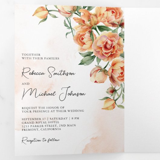 Rustic Earthy Peach Floral QR Code Wedding Drieluik Uitnodiging (Binnenzijde eerst)