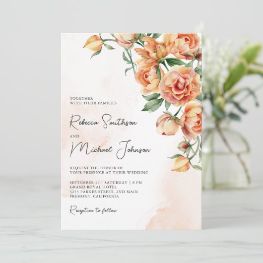Rustic Earthy Peach Floral QR Code Wedding Kaart (Staand voorkant)