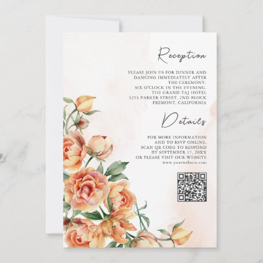 Rustic Earthy Peach Floral QR Code Wedding Kaart (Achterkant)