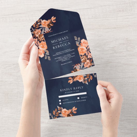 Rustic Earthy Terracotta Floral Navy Blue Wedding All In One Uitnodiging (Afscheurbaar)