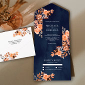 Rustic Earthy Terracotta Floral Navy Blue Wedding All In One Uitnodiging
