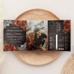 Rustic Earthy Wood Dusty Terracotta Roos Wedding Drieluik Uitnodiging<br><div class="desc">Verrijk je gasten met deze elegant allemaal in één bruiloft-uitnodiging die mooie rustige oranje rozen en kant met afneembaar RSVP-briefkaart bevat. Voeg eenvoudig uw gebeurtenisdetails op deze makkelijk te gebruiken sjabloon toe en voeg deze kaart met uw favoriete foto toe om tot het één-van-een-soort uitnodiging te maken.</div>