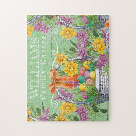 Rustic Easter Basket Eggs Floral Familienaam Legpuzzel (Verticaal)