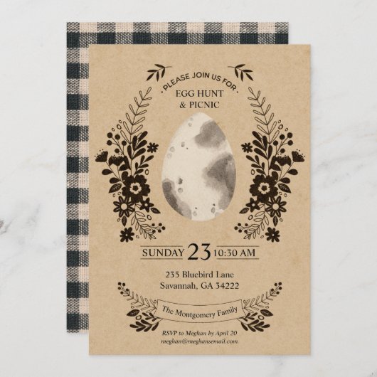 Rustic Easter Black Gingham Egg Hunt Invitation Kaart (Voorkant / Achterkant)