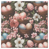 Rustic Easter Eggs & Wicker Basket Floral Fabric Stof (Close Up)