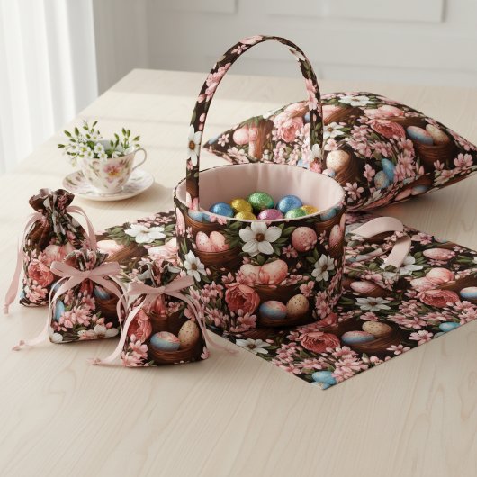 Rustic Easter Eggs & Wicker Basket Floral Fabric Stof
