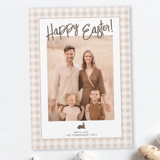 Rustic Easter Family Photo Beige Gingham And Bunny Kaart