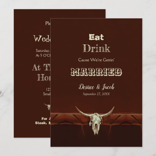 Rustic Eat Drink gehuwde bruiloft Bull Skull Aankondiging (Voorkant / Achterkant)