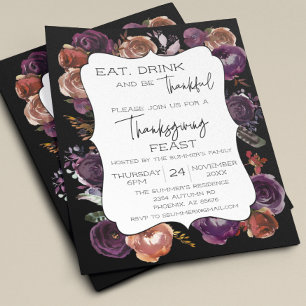 Rustic Eat Drink Thankful Thanksgiving Floral Roos Flyer