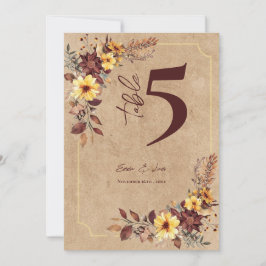Rustic Editable Fall Floral Wedding Table Number Bedankkaart