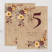 Rustic Editable Fall Floral Wedding Table Number Bedankkaart (Voorkant / Achterkant)