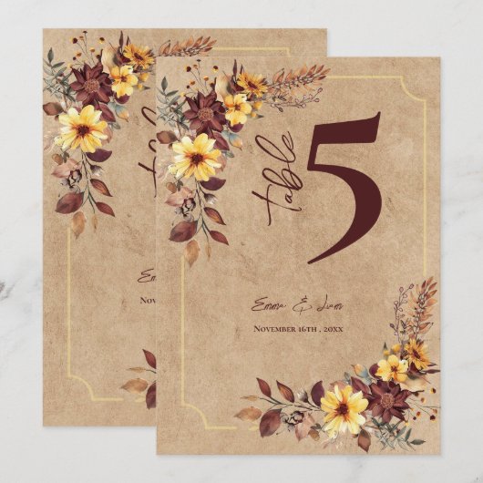 Rustic Editable Fall Floral Wedding Table Number Bedankkaart (Voorkant / Achterkant)