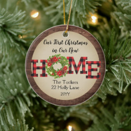 Rustic Eerste Kerstdag Thuis Krans Geruite Foto Keramisch Ornament