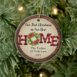Rustic Eerste Kerstdag Thuis Krans Geruite Foto Keramisch Ornament