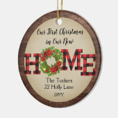 Rustic Eerste Kerstdag Thuis Krans Geruite Foto Keramisch Ornament (Links)
