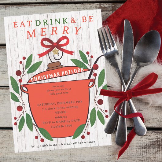 Rustic Eet, Drink en Wees Vrolijk Kerst Potluck Kaart