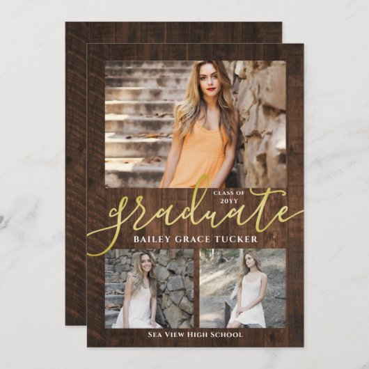 Rustic Elegance 4-Photo Collage Afstuderen Announc Aankondiging (Voorkant / Achterkant)