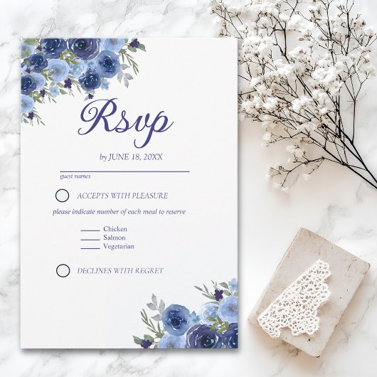 Rustic Elegance – Boho Navy Flower Design RSVP Kaartje