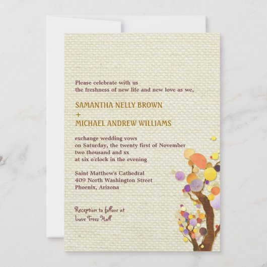Rustic Elegance Burlap Trees Wedding Kaart (Achterkant)