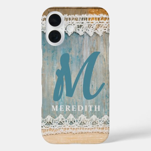 Rustic Elegance Monogram Burlap Lace Barnwood Case-Mate iPhone Case (Achterkant)