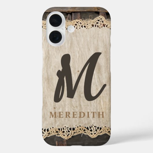 Rustic Elegance Monogram Burlap Lace Barnwood Case-Mate iPhone Case (Achterkant)