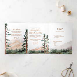 Rustic Elegance Mountains Forest Pine Spruce Trees Drieluik Uitnodiging