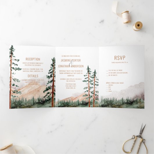 Rustic Elegance Mountains Forest Pine Spruce Trees Drieluik Uitnodiging (Binnen)